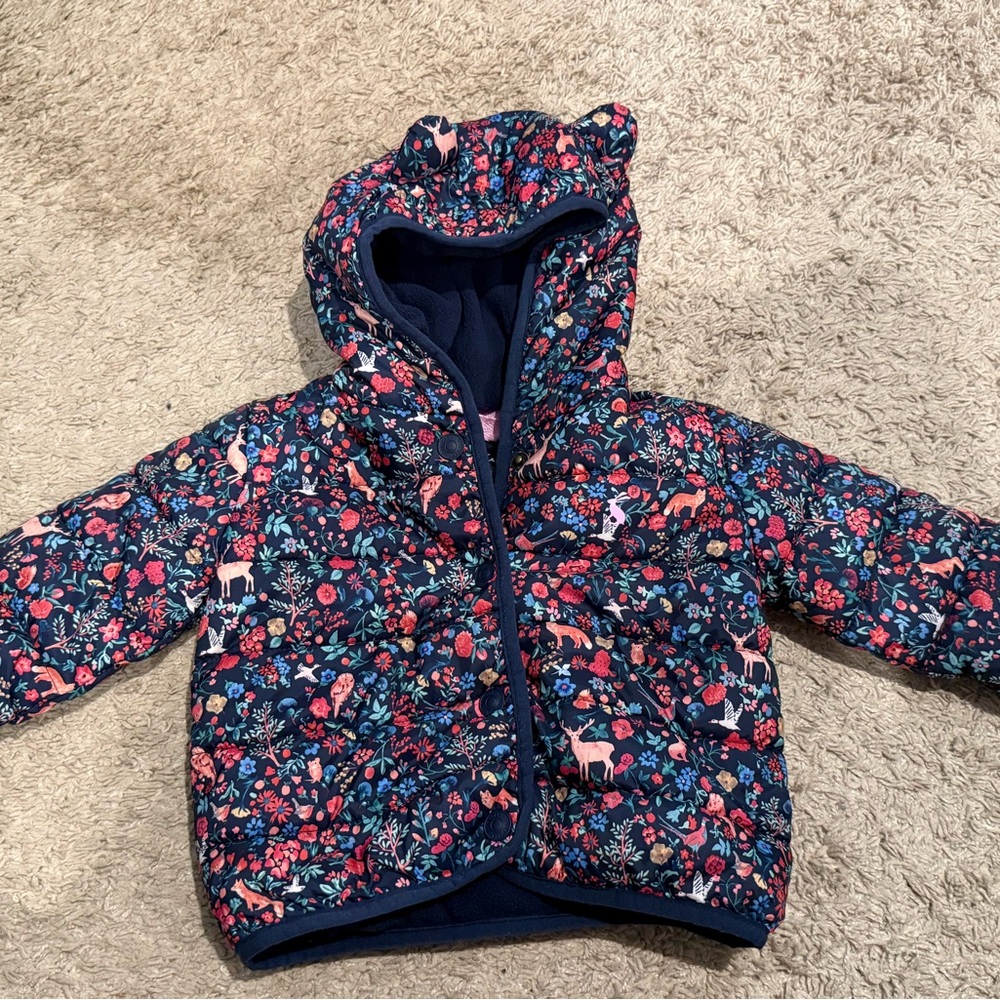 Joules Navy Floral & wildlife Print Puffer Jacket